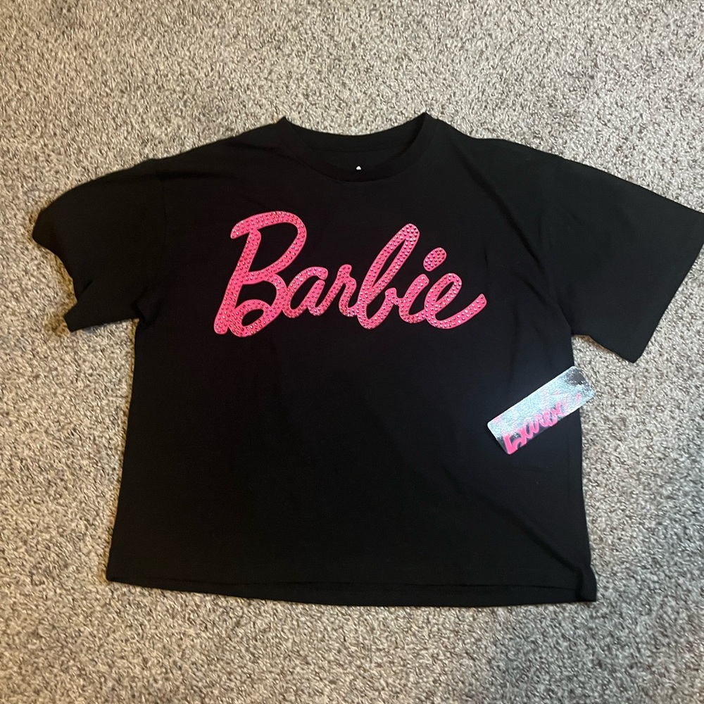 Barbie Cropped Black T-Shirt with Pink Bedazzled Logo
